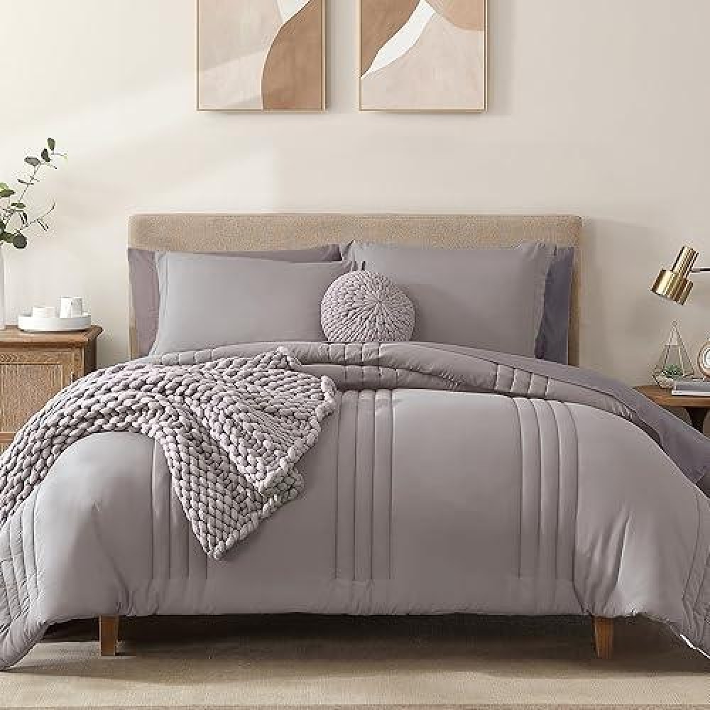 Monbix Comforter King Size  King Comforters Set 7 Piece  Breathable Solid Bedding Sets King With Comforters  Sheets  King Bed In A Bag With Sheets Pillowcases & Shams (Cloud Purple King  102