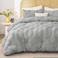 Bedelite Grey King Size Comforter Set 3 Pieces Boho Pintuck Bedding Comforter Sets Lightweight Soft Warm King Bedding Set W