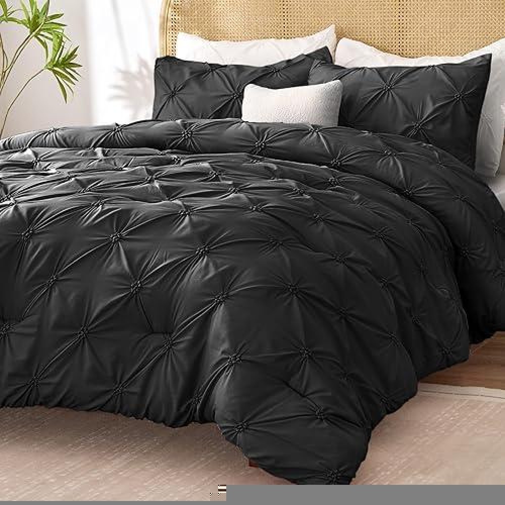 Bedelite Black Comforter Set Queen 3 Pieces Boho Pintuck Bedding Comforter Sets Lightweight Soft Warm Bed Comforter Queen W