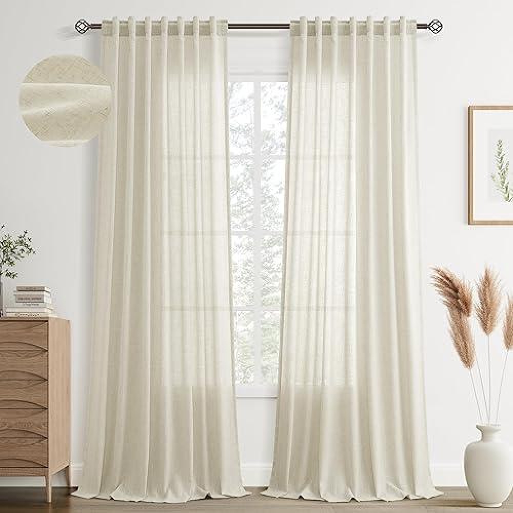 Joywell Sand Beige Back Tab Linen Curtains 108 Inches Long 2 Panels For Living Room Bedroom Neutral Boho Farmhouse Rustic Light