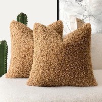 Foindtower 2 Pieces 24X24 Inch Bronze Faux Fur Throw Pillow Cover Accent Sherpa Pillow Fuzzy Soft Pillowcases Sheepskin Decorat