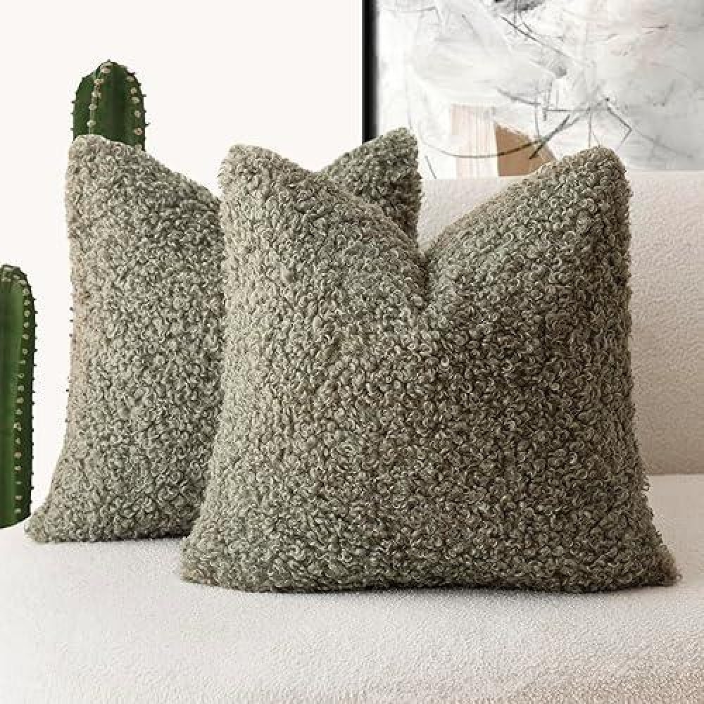 Foindtower 2 Pieces 24X24 Inch Sage Green Faux Fur Throw Pillow Cover Accent Sherpa Pillow Fuzzy Soft Pillowcases Sheepskin Dec