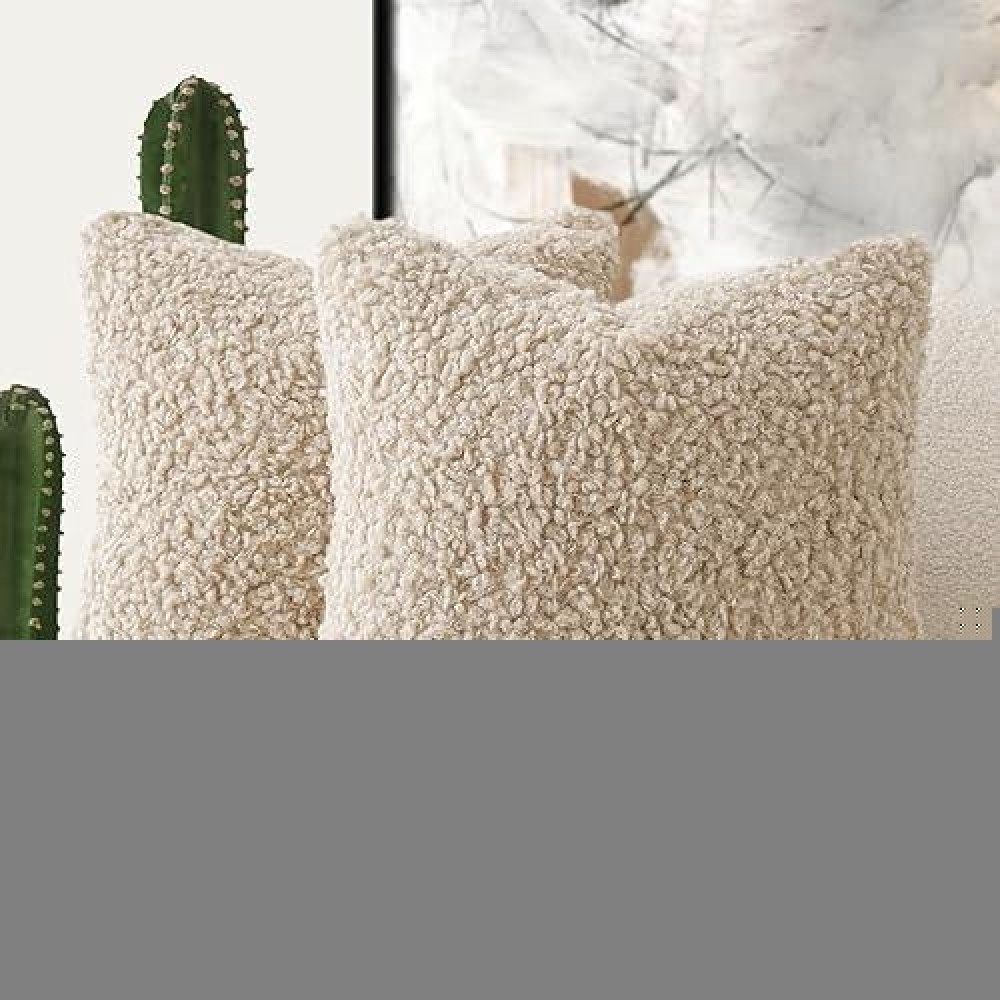 Foindtower 2 Pieces 24X24 Inch Light Khaki Faux Fur Throw Pillow Cover Accent Sherpa Pillow Fuzzy Soft Pillowcases Sheepskin De