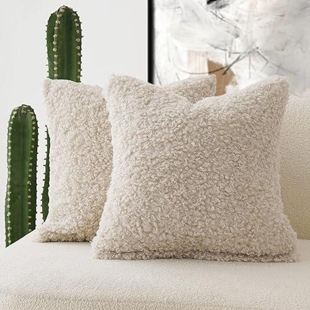 Foindtower 2 Pieces 16X16 Inch Neutral Cream Faux Fur Throw Pillow Cover Accent Sherpa Pillow Fuzzy Soft Pillowcases Sheepskin