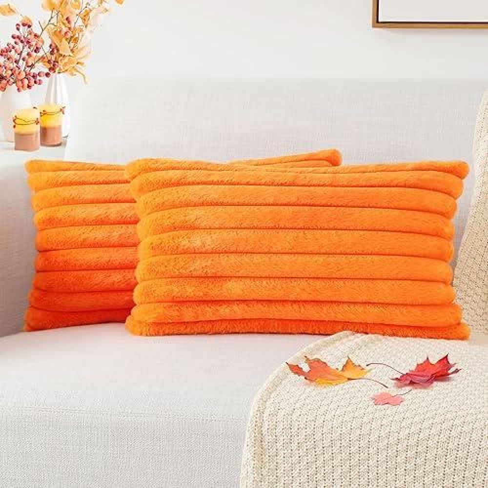 Pallene Faux Fur Plush Fall Throw Pillow Covers 12X20 Set Of 2 Luxury Soft Fluffy Striped Decorative Pillow Covers For Sofa C