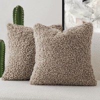 Foindtower 2 Pieces 22X22 Inch Khaki Faux Fur Throw Pillow Cover Accent Sherpa Pillow Fuzzy Soft Pillowcases Sheepskin Decorati