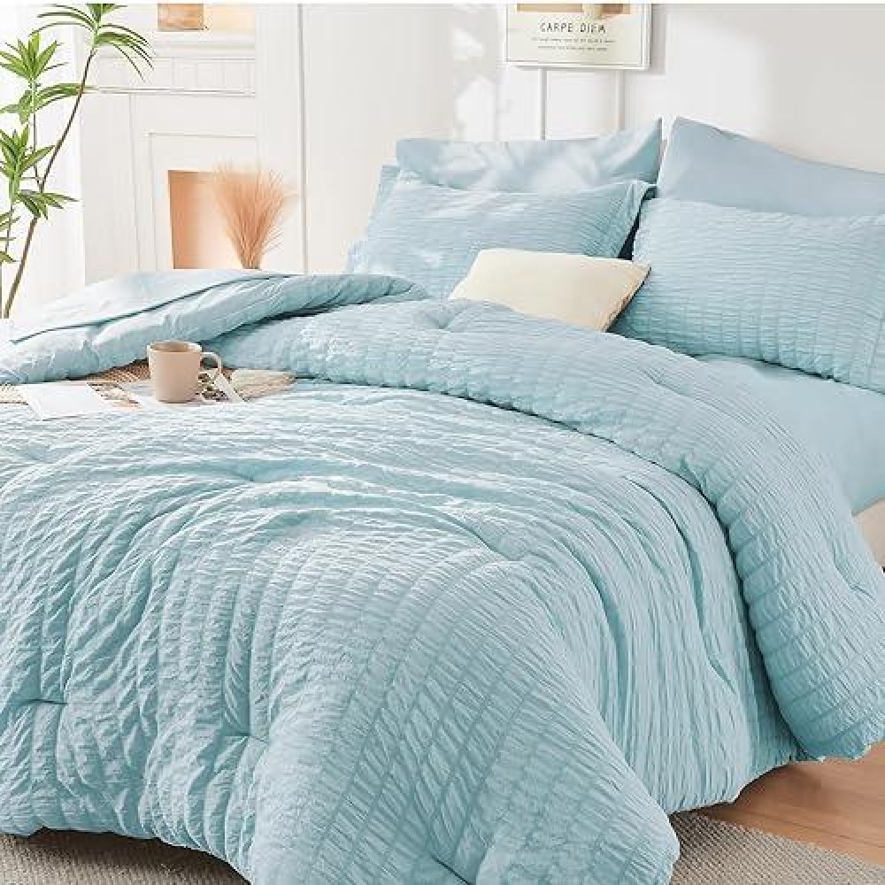 Hymokege Lake Blue California King Comforter Set Seersucker 7 Pieces  All Season Luxury Bed In A Bag For Bedroom  Bedding Set With Comforters  Sheets  Pillowcases & Shams