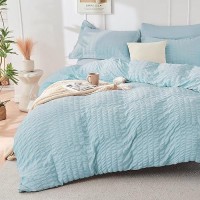 Hymokege Lake Blue California King Comforter Set Seersucker 7 Pieces  All Season Luxury Bed In A Bag For Bedroom  Bedding Set With Comforters  Sheets  Pillowcases & Shams