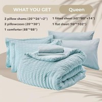 Hymokege Lake Blue Queen Comforter Set Seersucker 7 Pieces  All Season Luxury Bed In A Bag For Bedroom  Bedding Set With Comforters  Sheets  Pillowcases & Shams