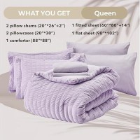 Hymokege Lavender Queen Comforter Set Seersucker 7 Pieces  All Season Luxury Bed In A Bag For Bedroom  Bedding Set With Comforters  Sheets  Pillowcases & Shams