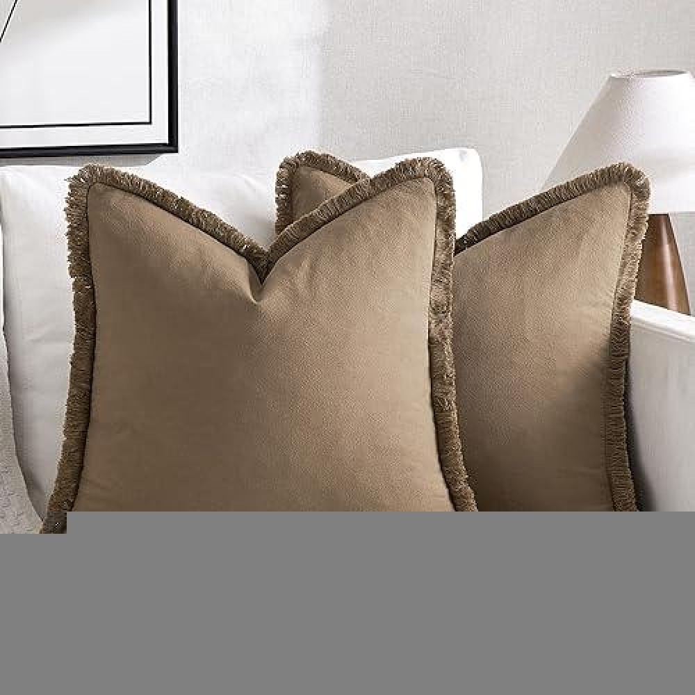 Miulee Throw Pillow Covers 22X22 Set Of 2 Brown Pillow Covers With Fringe Chic Cotton Decorative Pillows Square Cushion Covers Farmhouse Boho Decor For Sofa Couch Bed Living Room