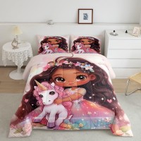 Manfei Princess Comforter Set Queen Size Cute Girl Unicorn Down Comforter Black Little Girl Floral Unicorn Bedding Set For Kid