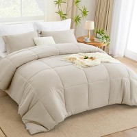 Cozylux Full Size Comforter Sets Beige Comforter Full Size 3 Pieces Box Stitched Bed Set For All Seasons Soft Lightweight Be