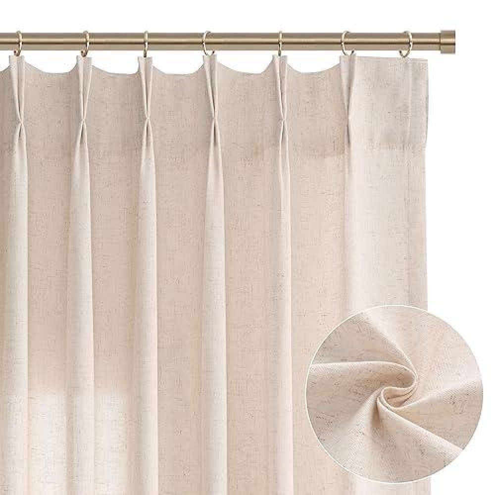 Cream Beige Pinch Pleated Linen Curtains 84 Inch Length 2 Panels For Living Room Bedroom Semi Sheer Pleat Drapes With Hooks Neut