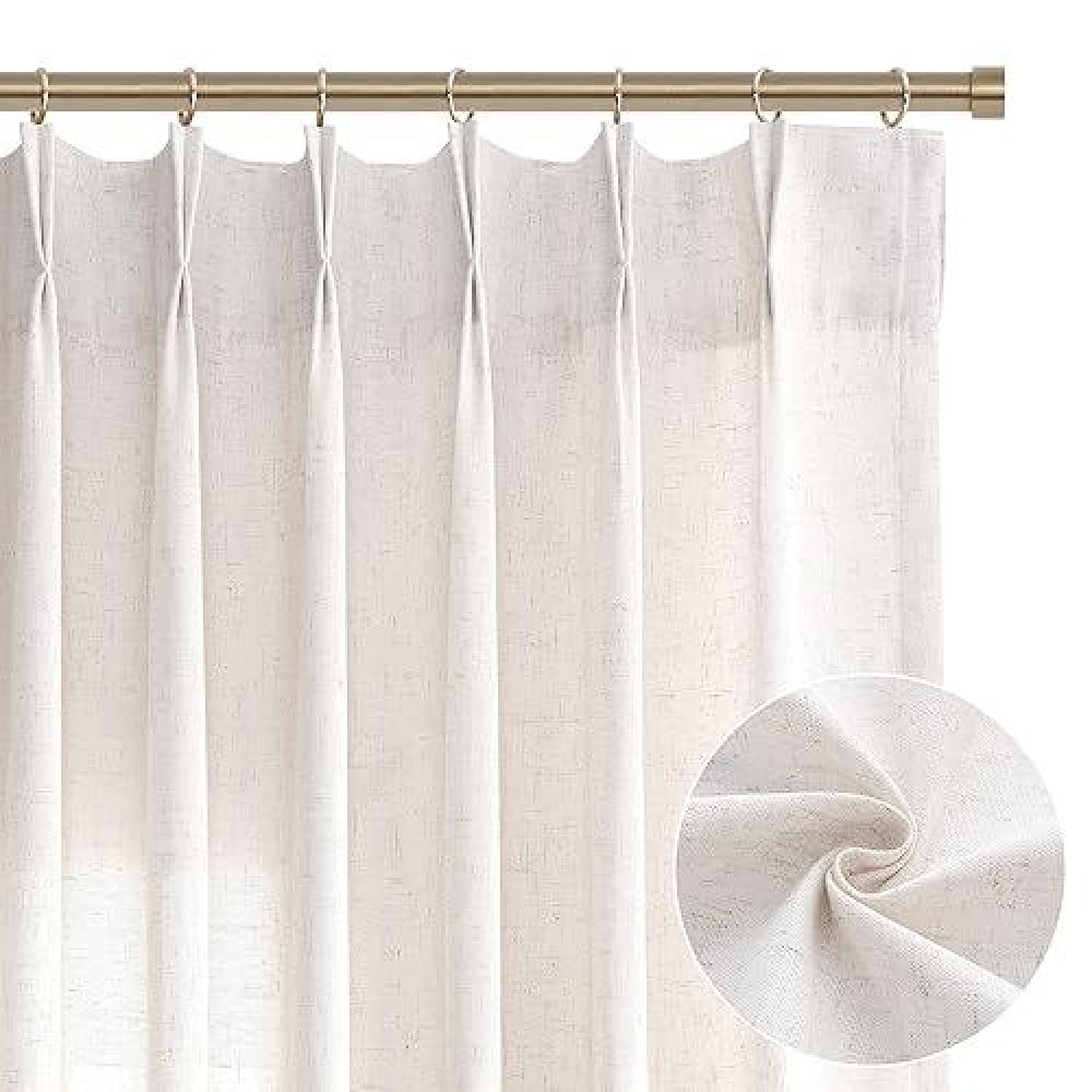 Natural Beige Pinch Pleated Semi Sheer Linen Curtains 120 Inch Length 2 Panels For Living Room Bedroom Cream Colored Boho Room D