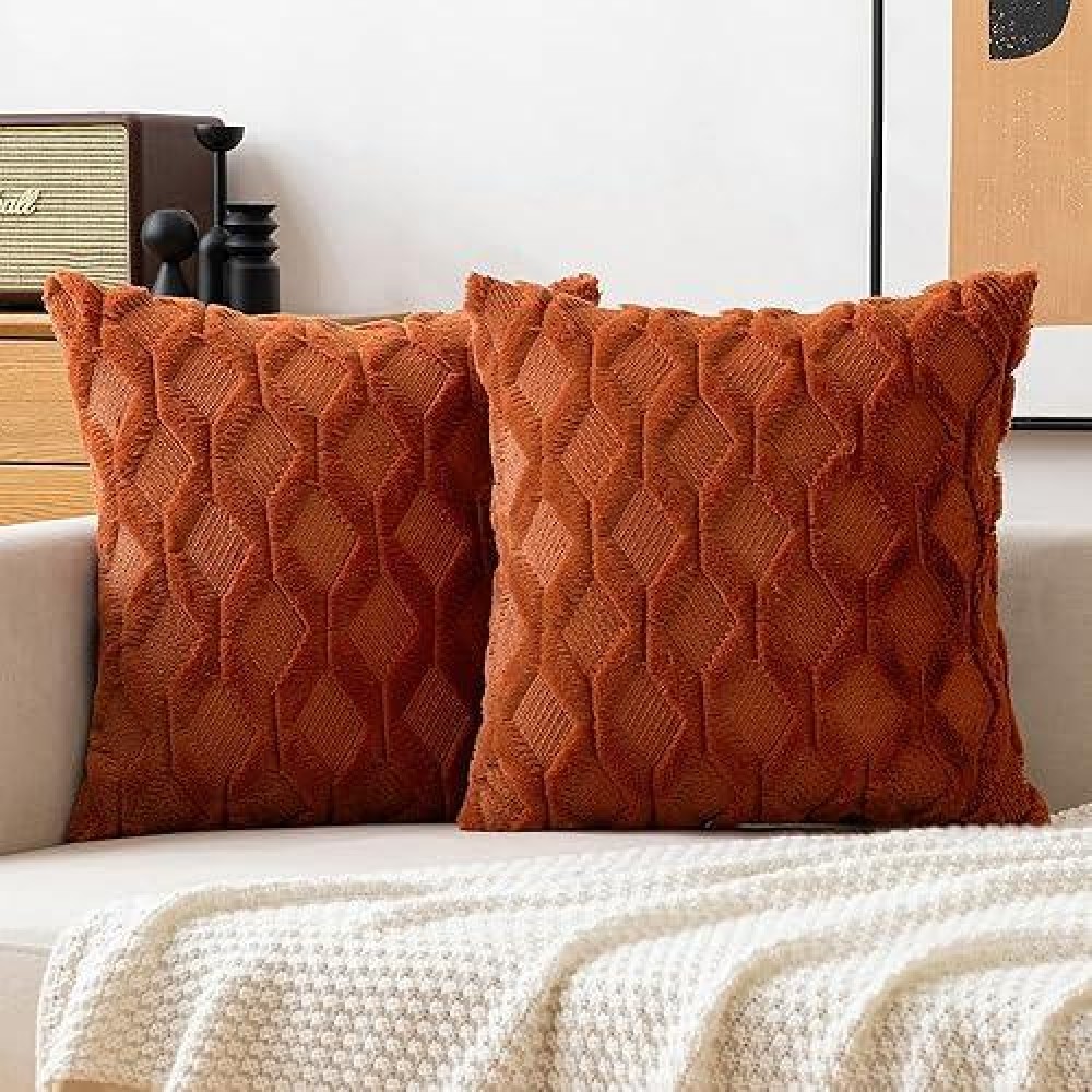 Miulee Fall Rust Throw Pillow Covers 20X20 Set Of 2 Decorative Farmhouse Couch Throw Pillows Boho Shells Soft Plush Wool Pillowcases For Bedroom Living Room Sofa