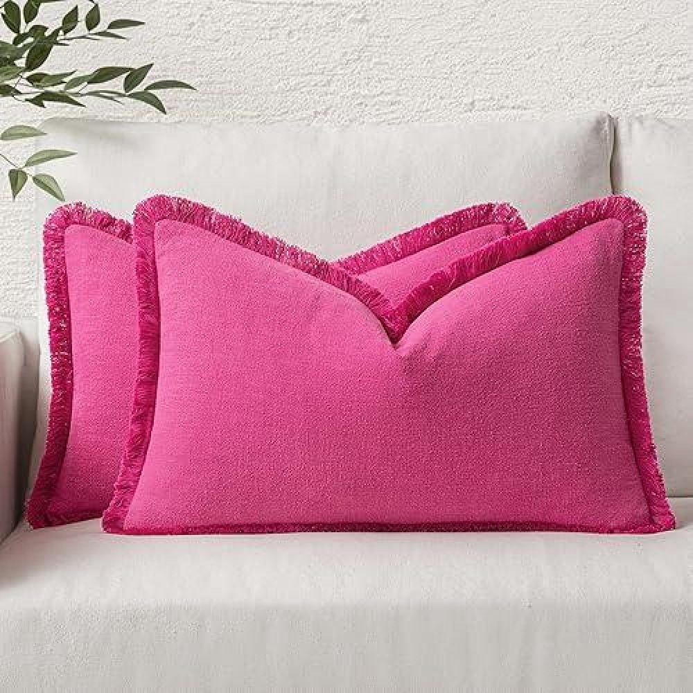 Miulee Set Of 2 Linen Throw Pillow Covers Decorative Lumbar Pillow Covers Farmhouse Style Boho Cushion Covers Hot Pink Pillow Co