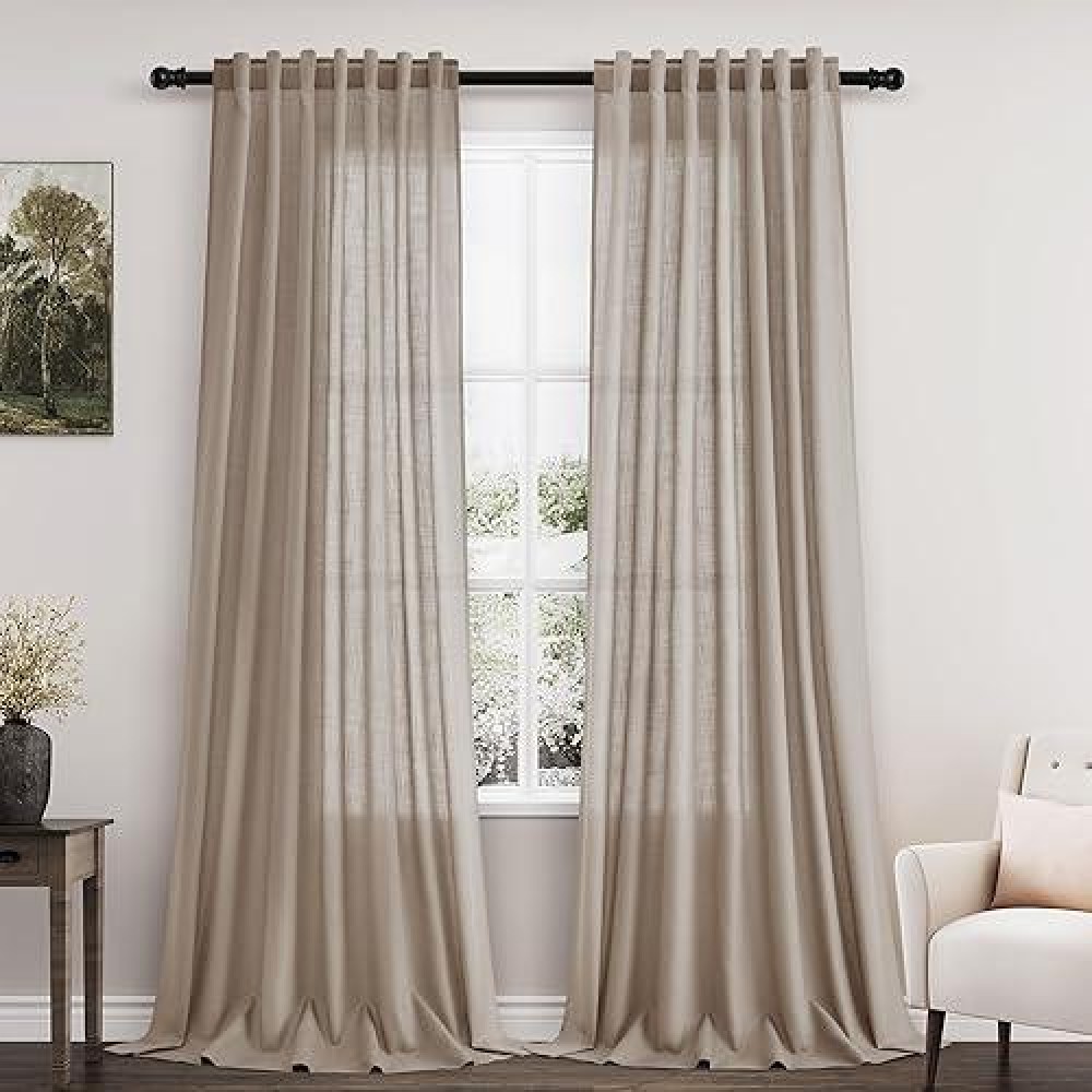 Nanspring Light Taupe Semi Sheer Curtains 102 Inches Long 2 Panel Set Pocket Back Tab Linen Light Filtering Room Decor Curtain D