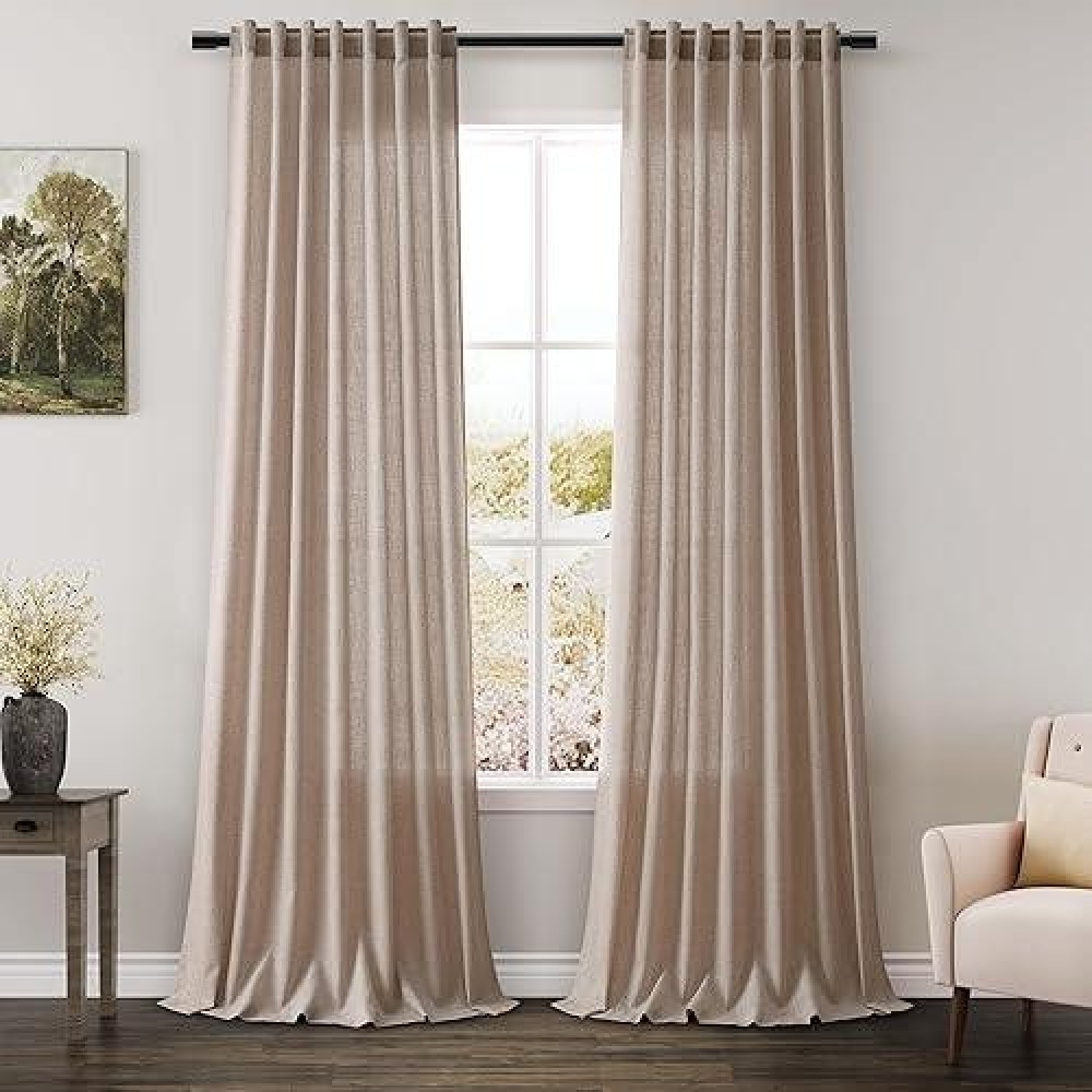 Nanspring Oatmeal Semi Sheer Curtains 102 Inches Long 2 Panel Set Pocket Back Tab Linen Light Filtering Room Decor Curtain Drape