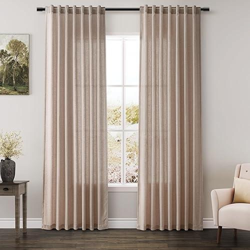 Nanspring Oatmeal Semi Sheer Curtains 84 Inches Long 2 Panel Set Pocket Back Tab Linen Light Filtering Room Decor Curtain Drapes