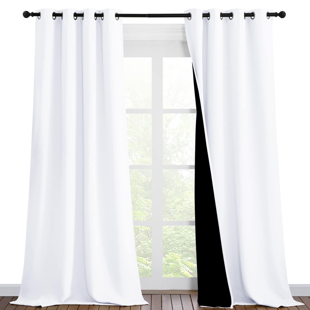 Nicetown White 100 Blackout Curtains For Windows Pack Of 2 46 W X 96 L Super Heavyduty Black Lined Total Darkness Drape