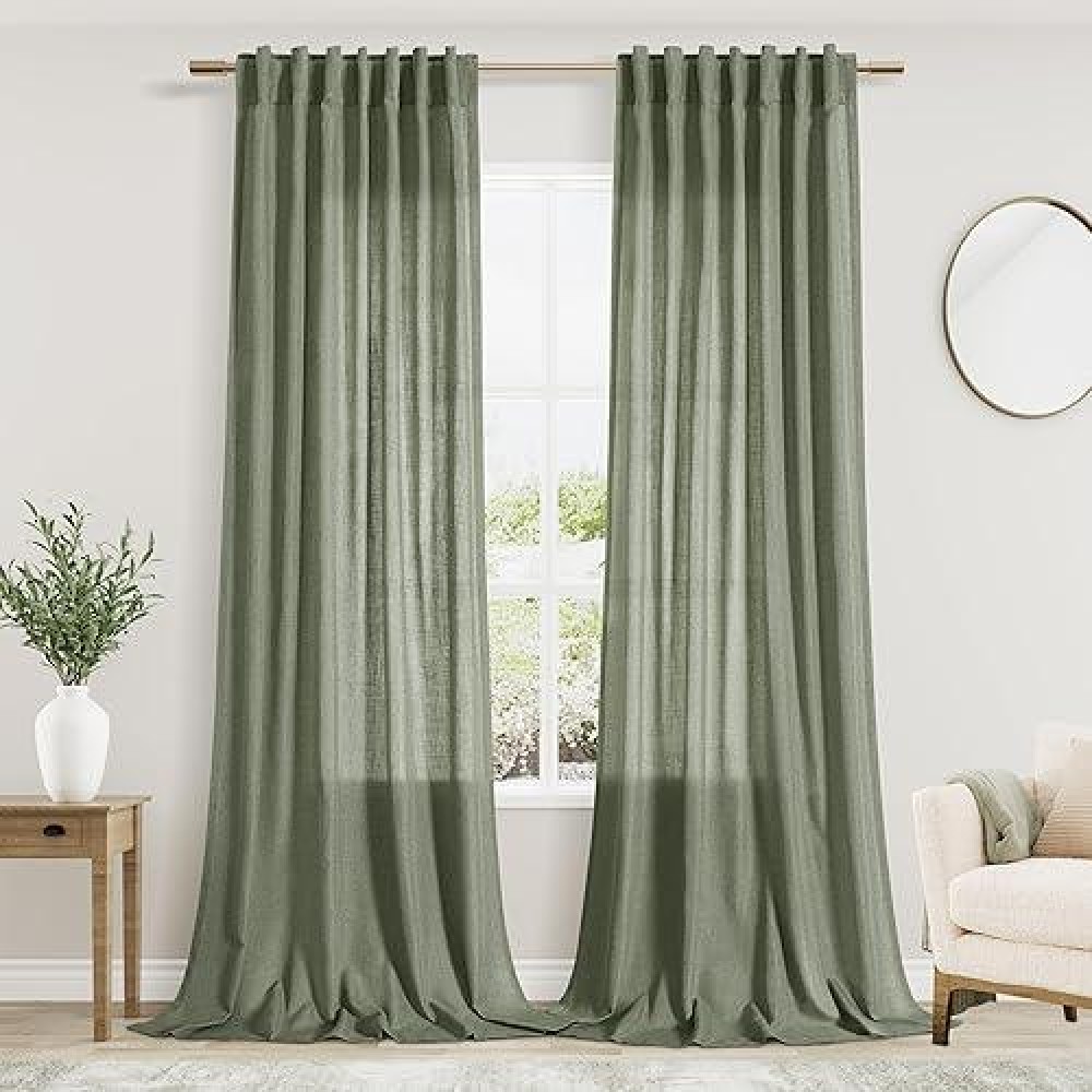 Nanspring Olive Green Linen Curtains For Living Room 2 Panels Set 144 Inch Length Back Tab Light Filtering Semi Sheer Curtain Dr