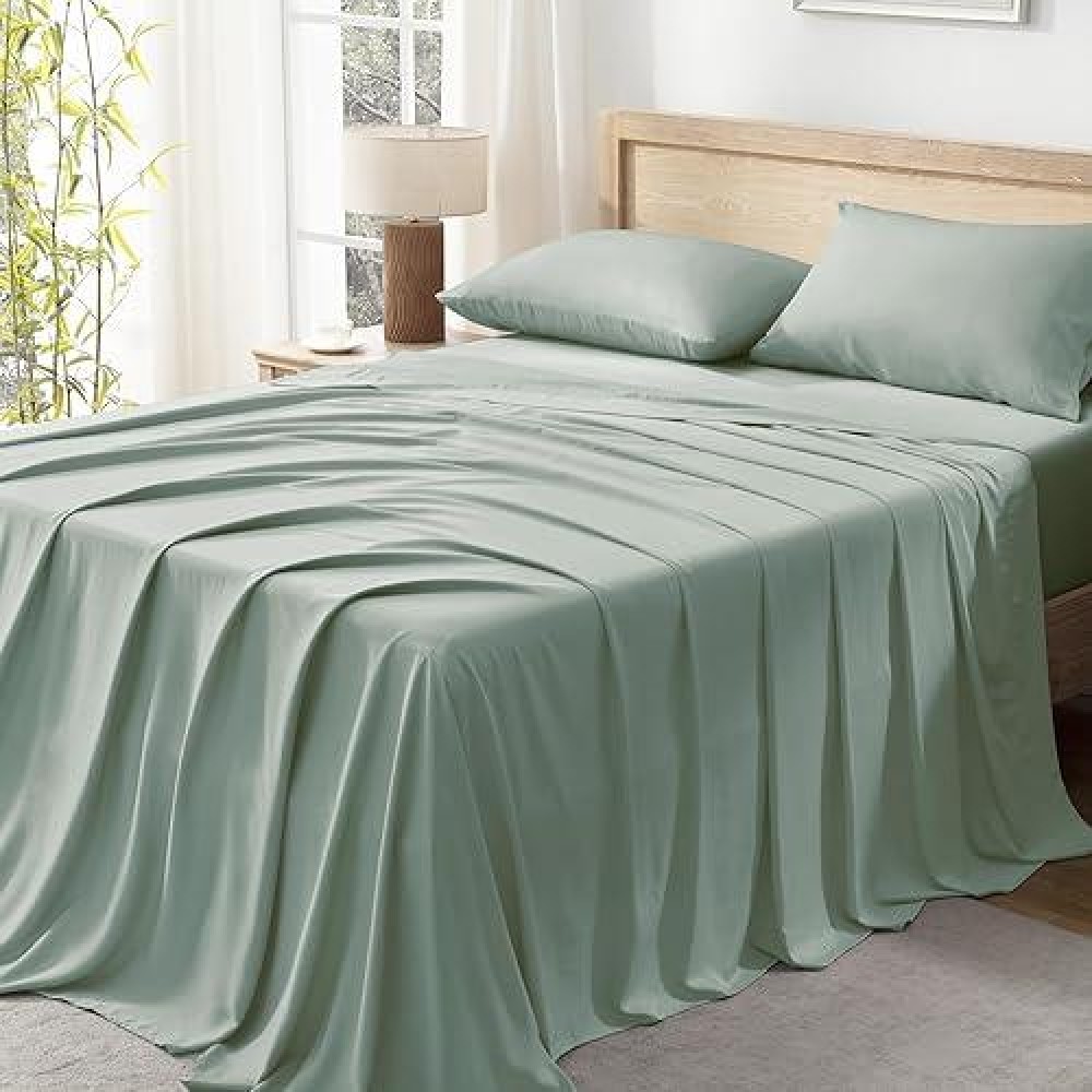 Andency Sage Green California King Sheet Sets 100 Viscose Derived From Bamboo Cooling Sheet Set Deep Pocket Up To 16 Silk