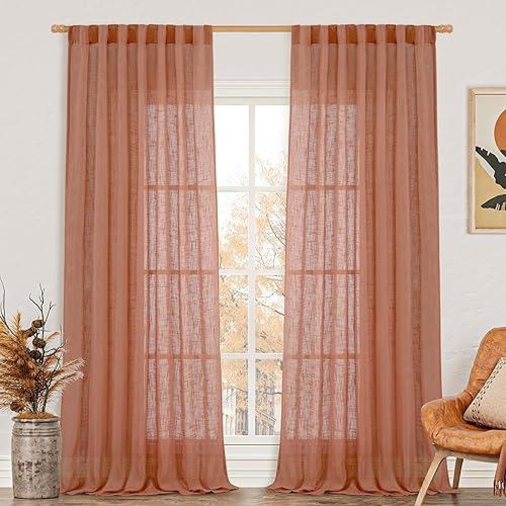 Lamit Extra Wide Linen Curtains For Bedroom Terracotta Light Filtering Faux Linen Textured Panels Semi Sheer Back Tab And Rod P