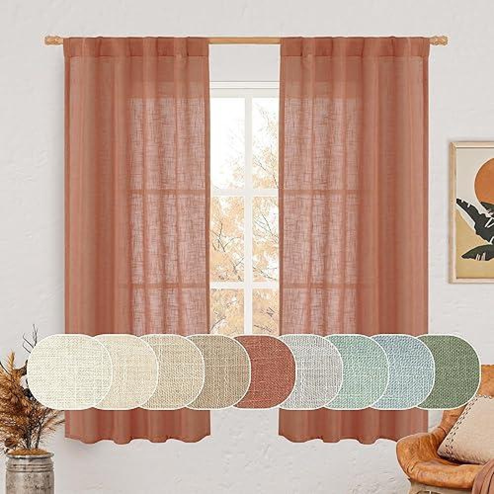 Lamit Terracotta Linen Semi Sheer Curtains 63 Inch For Bedroom Light Filtering Neutral Window Curtains Farmhouse Boho Back Tab