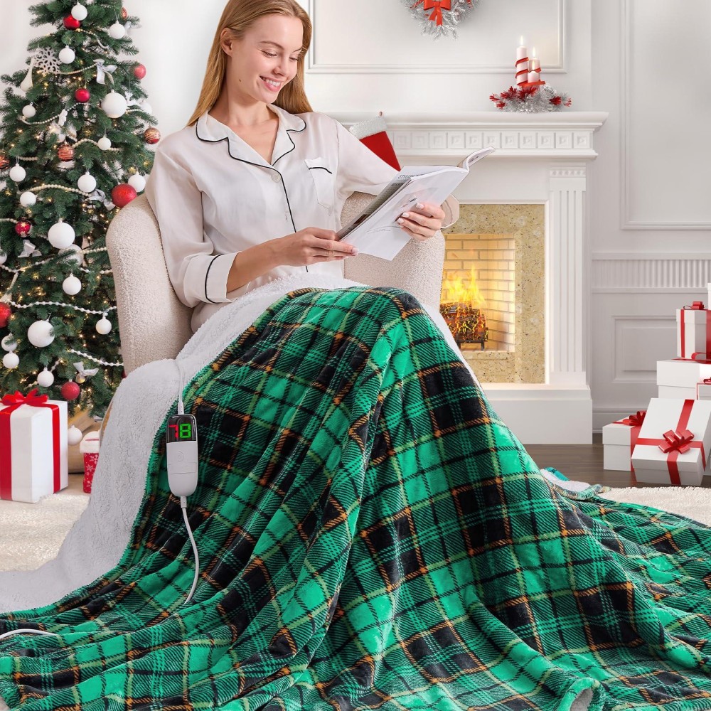 Green Heated Blanket Electric Throw 50X60 Christmas Heating Blanket For Couch Plaid Sherpa Winter Blanket Warmer 10 Heating L