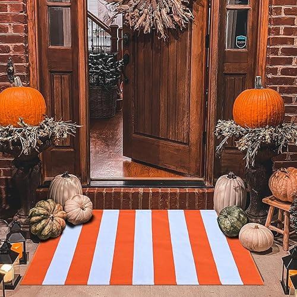 Orange And White Striepd Rug 4X6 Fall Outdoor Front Door Decor Mat Cotton Washable Handwoven Rug For Layered Doormat Porch