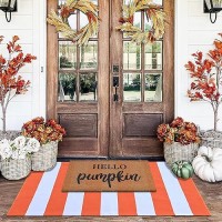 Orange And White Striepd Rug 4X6 Fall Outdoor Front Door Decor Mat Cotton Washable Handwoven Rug For Layered Doormat Porch