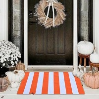 Orange And White Striepd Rug 4X6 Fall Outdoor Front Door Decor Mat Cotton Washable Handwoven Rug For Layered Doormat Porch