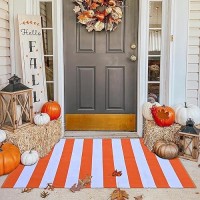 Orange And Black Striepd Rug 3X5 Fall Outdoor Front Door Decor Mat Cotton Washable Handwoven Rug For Layered Doormat Porch