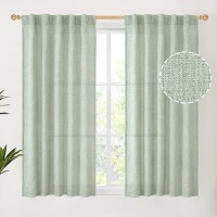 Youngstex Short Linen Curtains 45 Inch Length For Kitchen Rod Pocket Sage Green Window Drapes Light Filtering For Bathroom Bedro