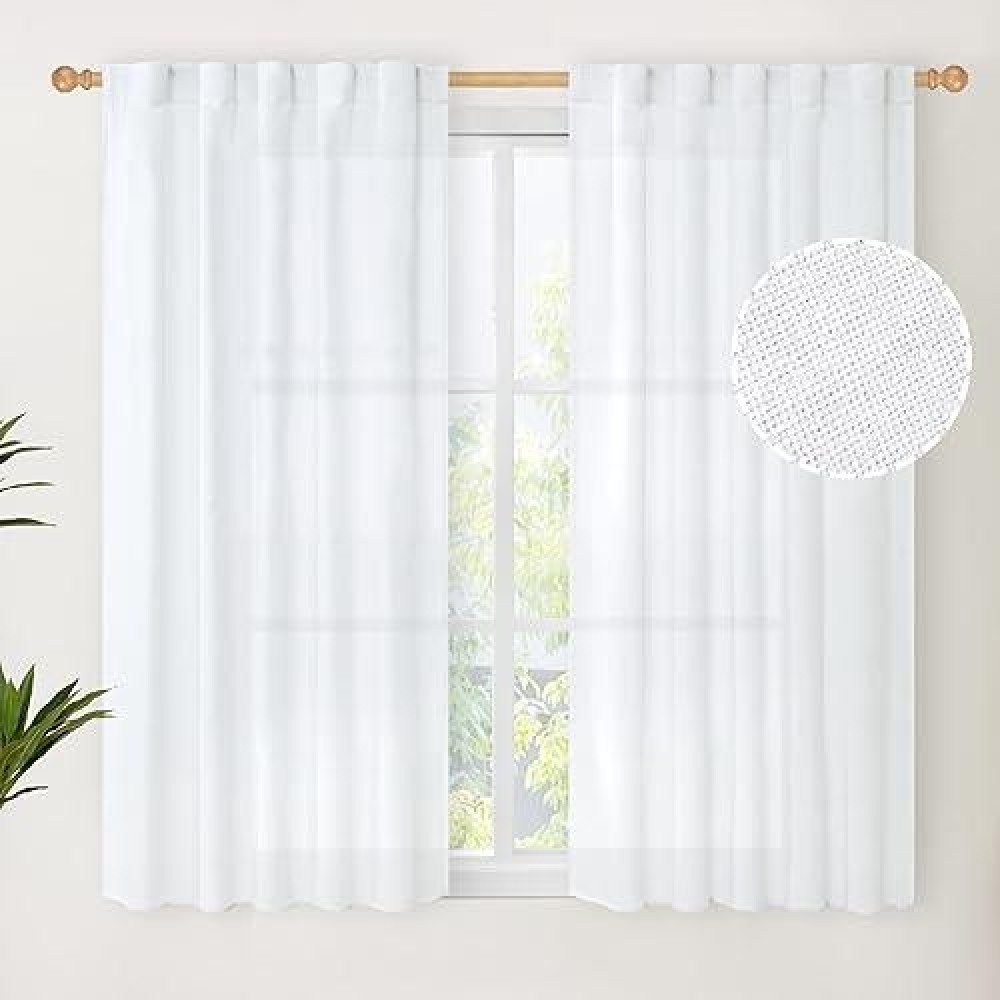 Youngstex Short Linen Curtains 45 Inch Length 2 Panels For Small Window Back Tab White Drapes Light Filtering For Kitchen Bathro