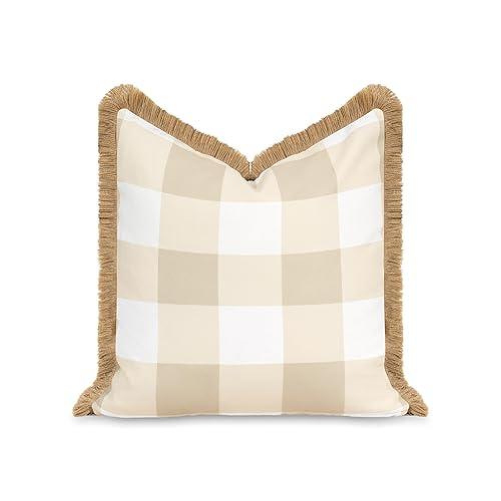 Hofdeco Premium Coastal Patio Indoor Outdoor Throw Pillow Cover Only 20X20 Water Repellent For Backyard Couch Neutral Tan