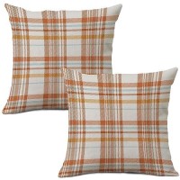 Aofanggo Fall Pillow Covers 18X18 Set Of 2 Autumn Decorative Throw Pillow Cases Orange Blue Plaids Cushion Covers Faux Linen Far