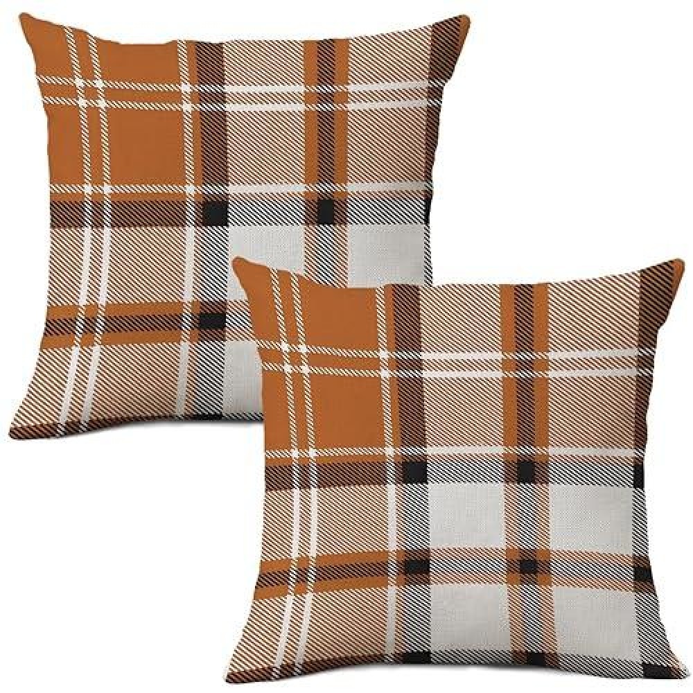 Aofanggo Fall Pillow Covers 18X18 Set Of 2 Autumn Decorative Orange Black Check Plaids Throw Pillow Cases Cushion Covers Faux Li