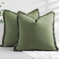 Zwjd Pillow Covers 18X18 Set Of 2 Army Green Throw Pillow Covers With Fringe Chic Cotton Decorative Pillows Square Cushion Covers For Sofa Couch Bed Living Room Farmhouse Boho Decor