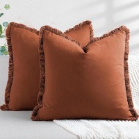 Zwjd Pillow Covers 24X24 Set Of 2 Rust Throw Pillow Covers With Fringe Chic Cotton Decorative Pillows Square Cushion Covers For Sofa Couch Bed Living Room Farmhouse Boho Decor