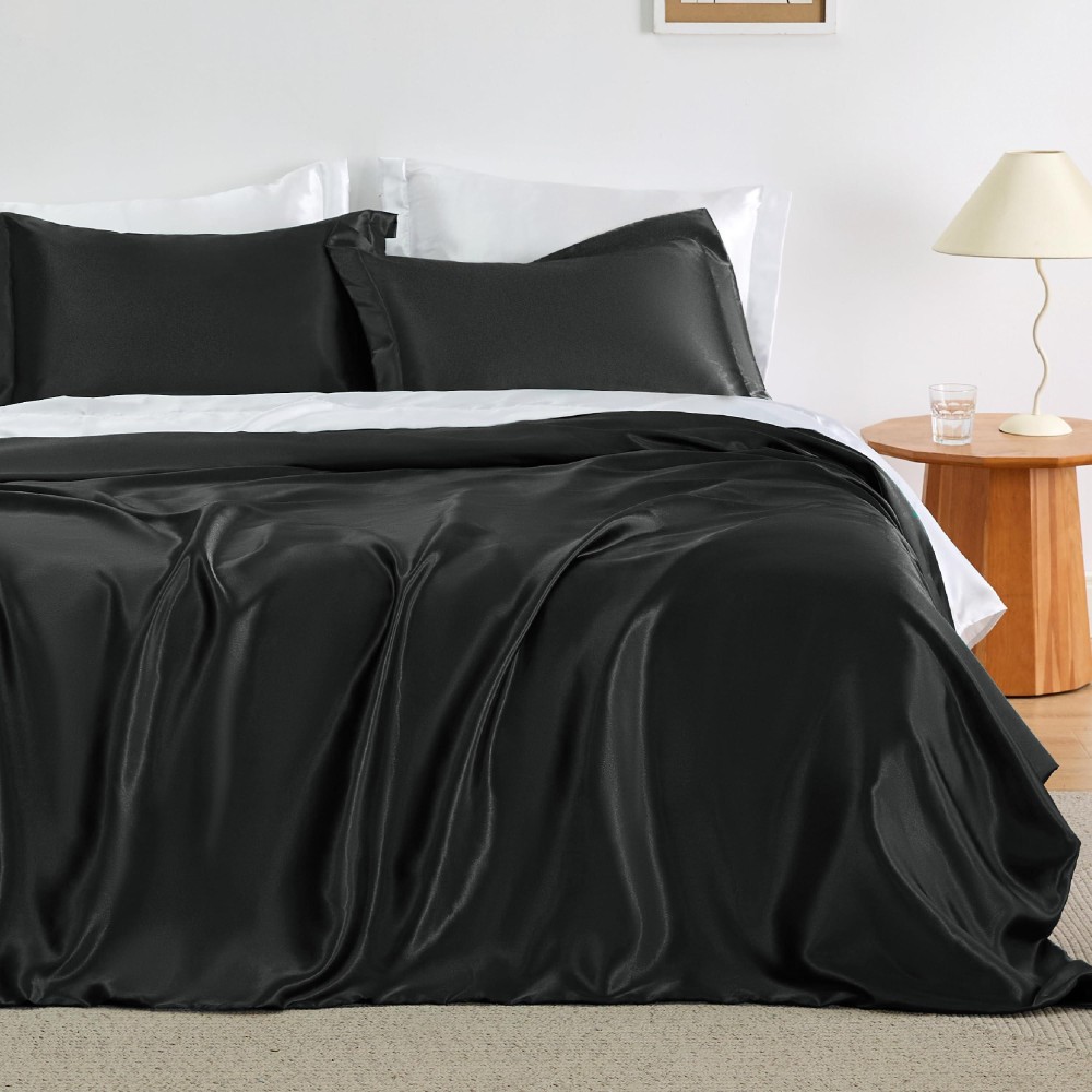 Bedsure Satin Duvet Cover Full Size Luxury Silk Like Black Full Duvet Cover Set 3 Piece Ultra Soft And Breathable Bedding Com