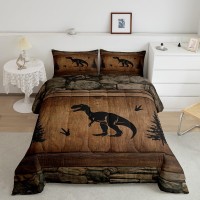 Manfei Dinosaur Kids Comforter Set Twin Size Wild Animal Bedding Set For Boys Adults Bedroom Decor Rustic Farmhouse Brown Wood