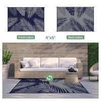 Genimo Outdoor Rug 4' X 6' Waterproof For Patios Clearance  Reversible Outdoor Plastic Straw Camping Rug Carpet  Large Area Rugs Mats For Rv  Camper  Deck  Balcony  Porch  Beach  Picnic Navy Blue&Grey