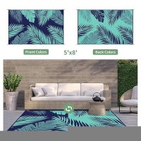 Genimo Outdoor Rug 5' X 8' Waterproof For Patios Clearance  Reversible Outdoor Plastic Straw Camping Rug Carpet  Large Area Rugs Mats For Rv  Camper  Deck  Balcony  Porch  Beach  Navy Blue&Jade Green