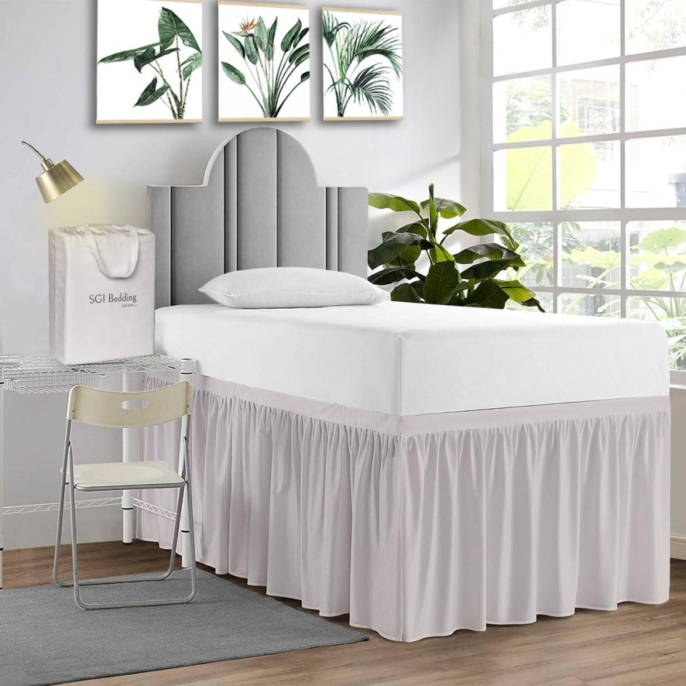 Sgi Bedding Dorm Bed Skirt Twin Xl 60 Inch Drop Length Light Grey Ruffled Pattern College Dorm Room Bed Skirts Split Corner