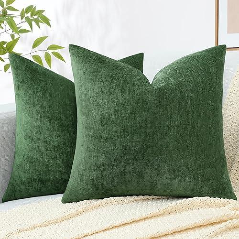 Decoruhome Christmas Couch Throw Pillow Covers 18X18 Set Of 2  Decorative Soft Chenille Solid Dyed Pillow Covers For Sofa Bed Living Room  Moss Green