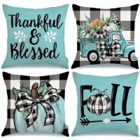 Geeory Fall Decorative Throw Pillow Covers 16X16 Inch Set Of 4 Pumpkins Thankful Blessed Buffalo Plaid Blue Fall Decor Outdoor