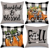 Geeory Fall Decorative Throw Pillow Covers 18X18 Inch Set Of 4 Pumpkins Thankful Blessed Buffalo Plaid Grey Fall Decor Outdoor