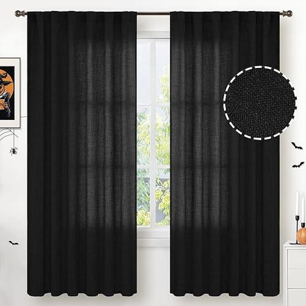 Youngstex Black Linen Curtains 72 Inch Length For Living Room Rod Pocket Light Filtering Halloween Window Drapes With Back Tab F